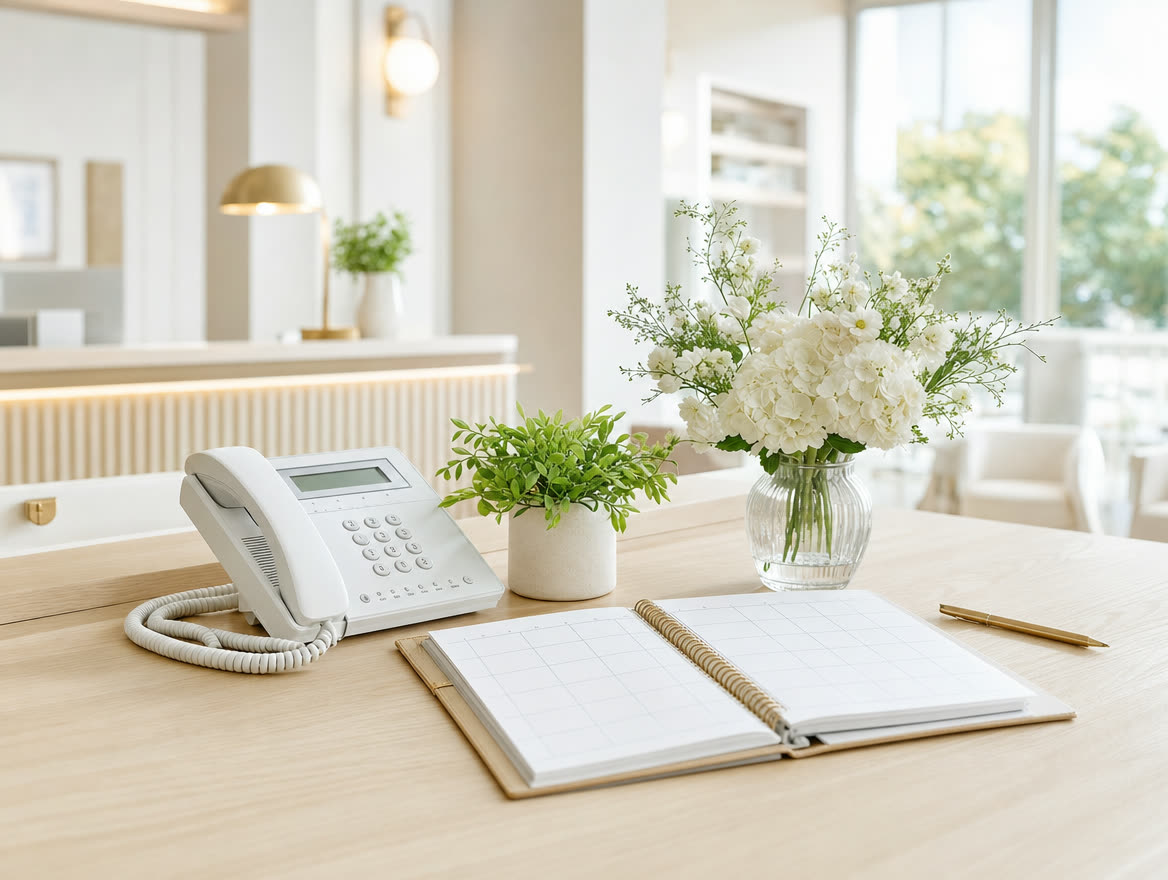 Heller Empfangstresen mit Telefon, Terminkalender und frischen Blumen